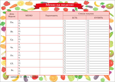 Шаблон для планирования меню на неделю | Меню недели
